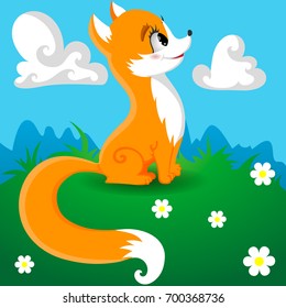 Cute Fox Character Sits on a Flower Meadow, Grass, Blue Summer Sky with Clouds, Cartoon Hand Drawn Vector Illustration EPS 10
