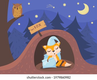 Cute fox character sleeping in burrow cartoon illustration. Sleepy orange animal wearing hat and holding pillow, owl sitting on tree branch, starry sky. Bedtime, animals, wildlife concept