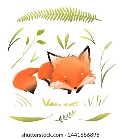 Cute fox character sleeping in the forest. Illustrated sleepy animal character for kids with nature elements. Isolated vector fox clipart collection for children in watercolor style.