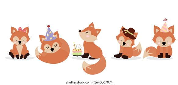 Cute fox character are standing,sitting and sleeping. Vector illustration for birthday invitation,postcard and sticker.Editable element