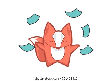 Cute Fox Character throwing papers. Vector Illustration. Isolated on white background.