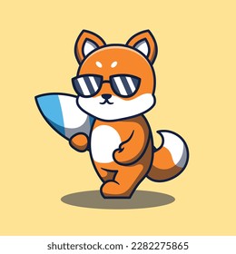Cute Fox Character Walking Holding Surf Cartoon Vector Illustration