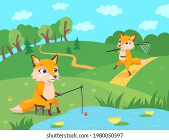 Cute fox characters fishing and catching butterflies in forest. Orange mammal with rod sitting on chair near pond, wild animal with net cartoon illustration. Wildlife, nature, outdoor activity concept