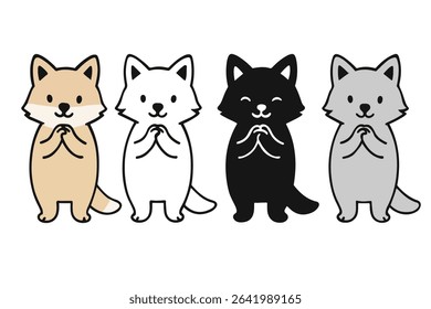 Cute fox characters in vector style standing upright with hands together. Comes in four colors: tan, white, black, gray. Ideal for kids’ designs, stickers, prints, and character sets.