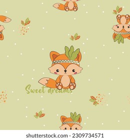 Cute fox charcter with sweet dreams text cartoon illustration. Woodland animals characters seamless pattern. Nursery kids room wall design. Nursery room wall animals texture.