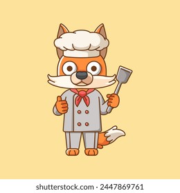 Cute fox chef cook serve food animal chibi character mascot icon flat line art style illustration concept cartoon set