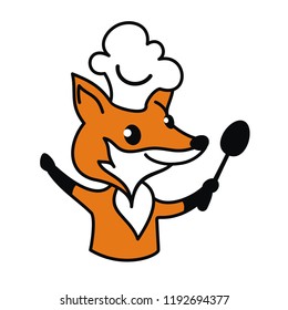 Cute fox in chef hat gets the spoon. Cartoon animal character. Cooking symbol. Food sing. Cooking chef icon. Vector illustration. 