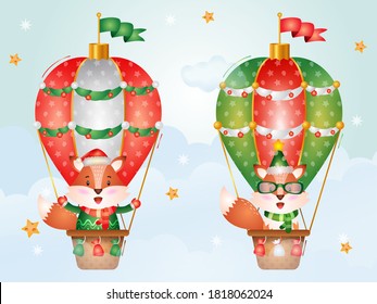 Cute fox christmas characters on hot air balloon with a santa hat, jacket and scarf