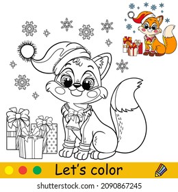 Cute fox in a Christmas hat with presents. Cartoon fox character. Vector isolated illustration. Coloring book with colored exemple. For card, poster, design, stickers, decor,kids apparel