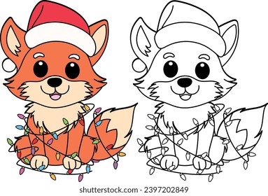 Cute fox with Christmas light bulbs cartoon.  Black and white lines. Coloring page for adults and kids.