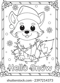 Cute fox with Christmas light bulbs cartoon.  Hello Snow. Coloring page. Activity book for kids and adults.