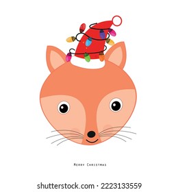 
Cute fox with Christmas red santa hat and light bulbs. Happy new year and merry Christmas greeting card