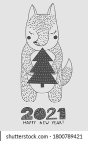 Cute Fox and a Christmas tree 2021 happy new year greeting card in a Scandinavian style Doodle vector illustration