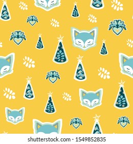 Cute fox, christmas tree, folk art heart, hand drawn backdrop. Colorful seamless pattern with animal. Cute wallpaper, print. Vector background, illustration. Happy New Year. Winter time