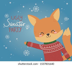 cute fox christmas ugly sweater party snowflakes blue background vector illustration