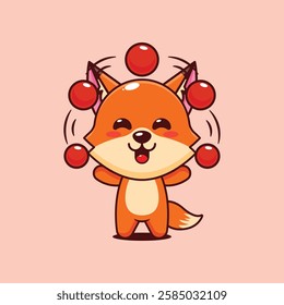 Cute fox circus attraction with balls cartoon vector illustration. vector cartoon illustration suitable for poster, brochure, web, mascot, sticker, logo and icon.