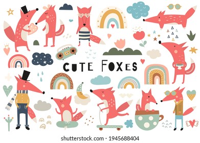 Cute Fox Clip Art – Boho Set Of Cartoon Foxes And Graphic Design Elements.  Foxes, Rainbow, Hearts. Clipart Isolated On White Background. Vector Illustration.