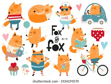 Cute fox clip art - set of cartoon foxes and graphic design elements.  Foxes, bird, car, cupcake. Clipart isolated on white background. Vector illustration.