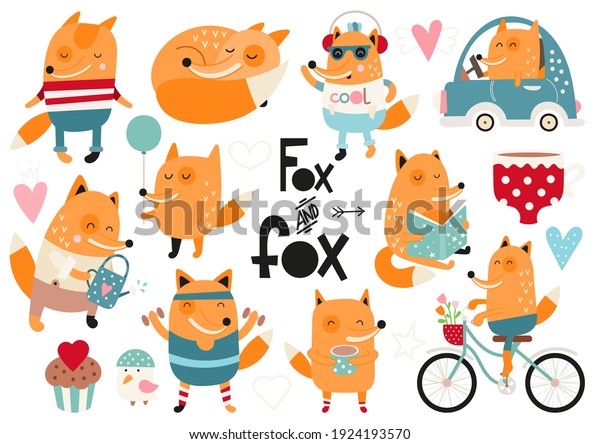 Cute fox clip art - set of cartoon\
foxes and graphic design elements.  Foxes, bird, car, cupcake.\
Clipart isolated on white background. Vector\
illustration.