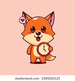 Cute fox with clock cartoon vector illustration. vector cartoon illustration suitable for poster, brochure, web, mascot, sticker, logo and icon.