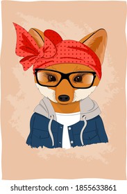 Cute Fox in clothes and glasses on an orange background. Vector portrait.