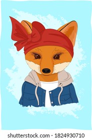 Cute Fox in clothes on a bright background. Vector portrait.