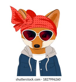 Cute Fox in clothes on a white background. Vector portrait.