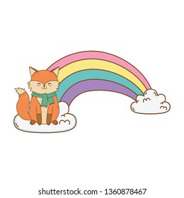 cute fox in the clouds with rainbow woodland character