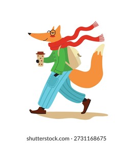 Cute fox with coffee to go.  Funny wild animal with backpack in the morning go to somewhere.  Happy cartoon character, hand drawn vector illustration, isolated on white. Flat design