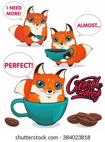 Cute fox with coffee or tea
