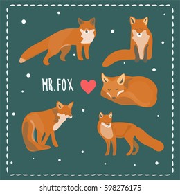 cute fox collection card. children book element. sleeping animal, wildlife, forest, wood. beautiful baby fox.