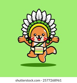 A cute fox in a colorful headdress and sash, jumping joyfully on a green background.