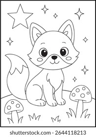 Cute Fox Coloring Page for Kids – Whimsical Fox Surrounded by Stars and Forest Mushrooms. Printable Black and White line art coloring sheet for children coloring book

