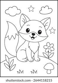 Cute Fox Coloring Page for Kids – Whimsical Fox Surrounded by Stars and Forest Mushrooms. Printable Black and White line art coloring sheet for children coloring book

