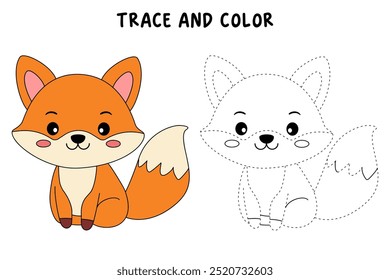 A cute fox coloring pages for kids. Trace and color fox. A cute fox fall animals vector. Coloring book for kids. Kindergarten and preschool worksheets printable for kids. Autumn forest animals.