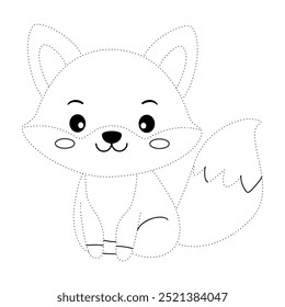 A cute fox coloring pages for kids. Trace and color fox. A cute fox fall animals vector. Coloring book for kids. Kindergarten and preschool worksheets printable for kids. Autumn forest animals.