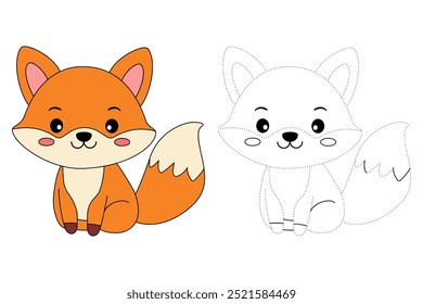 A cute fox coloring pages for kids. Trace and color fox. A cute fox fall animals vector. Coloring book for kids. Kindergarten and preschool worksheets printable for kids. Autumn forest animals.