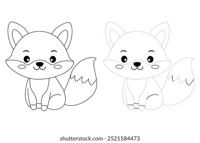 A cute fox coloring pages for kids. Trace and color fox. A cute fox fall animals vector. Coloring book for kids. Kindergarten and preschool worksheets printable for kids. Autumn forest animals.