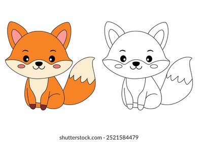 A cute fox coloring pages for kids. Trace and color fox. A cute fox fall animals vector. Coloring book for kids. Kindergarten and preschool worksheets printable for kids. Autumn forest animals.