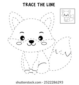 A cute fox coloring pages for kids. Trace and color fox. A cute fox fall animals vector. Coloring book for kids. Kindergarten and preschool worksheets printable for kids. Autumn forest animals.