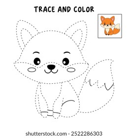 A cute fox coloring pages for kids. Trace and color fox. A cute fox fall animals vector. Coloring book for kids. Kindergarten and preschool worksheets printable for kids. Autumn forest animals.