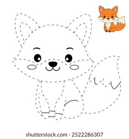 A cute fox coloring pages for kids. Trace and color fox. A cute fox fall animals vector. Coloring book for kids. Kindergarten and preschool worksheets printable for kids. Autumn forest animals.