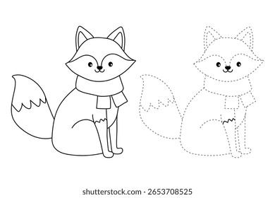 A cute fox coloring pages for kids. Trace and color fox. A cute fox fall animals vector. Fun activity coloring fox animal for Kindergarten and preschool printable for kids. Autumn forest animals.