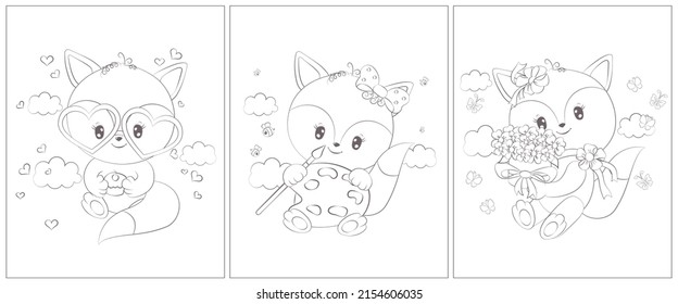 Cute fox coloring pages. Set of 3 pages for a coloring book. Cute animal vector illustration in black and white. Outlines of animals for coloring pages for girls and boys. 
