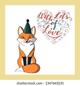 cute fox in cone birthday hat. hand lettering with lots of love. holiday greeting card template. isolated on white background. stock vector illustration.