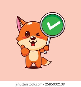 Cute fox with correct sign cartoon vector illustration. vector cartoon illustration suitable for poster, brochure, web, mascot, sticker, logo and icon.