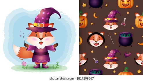 a cute fox with costume halloween character collection. seamless pattern and illustration designs