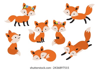 Cute fox couple cartoon vector illustration set. Foxes in various poses such as standing, sitting, and sleeping.