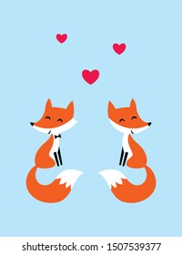 cute fox couple. valentine greeting card vector