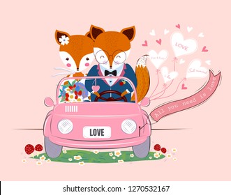 Cute fox couple,Just married,All you need is love in wedding dress,decorated with heart,balloon and flower bouquet,driving pink car.Valentine's concept.